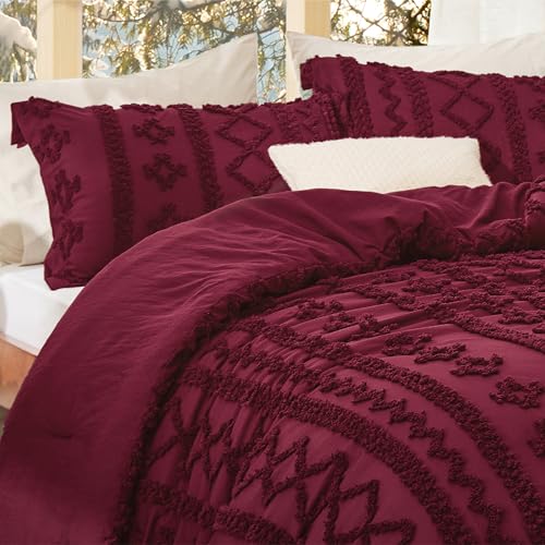 Bedsure Tufted Boho Comforter Set King Size - Burgundy Boho Bed Set, GentleSoft™ 3 Pieces Farmhouse Shabby Chic Embroidery Bedding, Gifts for Woman, Soft Jacquard King Comforter for All Seasons Bedsure