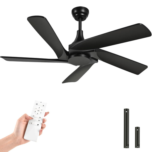 YITAHOME 52 Inch Black Ceiling Fan without Light, Solid Wood Blades Modern Ceiling Fan with Remote, Ceiling Fans with Reversible DC Motor For Indoor Outdoor, Memory Function