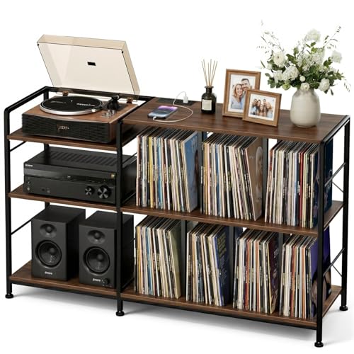 Faesun Record Player Stand with Vinyl Record Storage, Turntable Stand with Power Outlet, Large Record Storage Shelf Holds 500 Albums, Industrial Audio Rack for Living Room Bedroom, Walnut Faesun