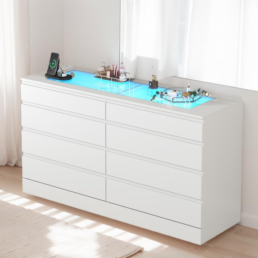 Gyfimoie 8 Drawer Dresser with Glass Top & Power Outlet, White Dresser for Bedroom with LED Light, Modern Chest of Drawer Double Wide Drawers Organizer Cabinet for Bedroom, Living Room (White) Gyfimoie