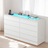 Gyfimoie 8 Drawer Dresser with Glass Top & Power Outlet, White Dresser for Bedroom with LED Light, Modern Chest of Drawer Double Wide Drawers Organizer Cabinet for Bedroom, Living Room (White) Gyfimoie