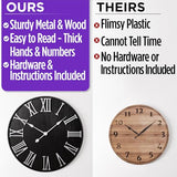 Large Wall Clock 24" Round - Silent Metal & Wood Large Clock - Farmhouse Wall Clock Large - 24 Inch Wall Clock For Living Room Decor - Big Wall Clock Roman Numerals - Wall Clocks For Living Room Decor HB Design Co.