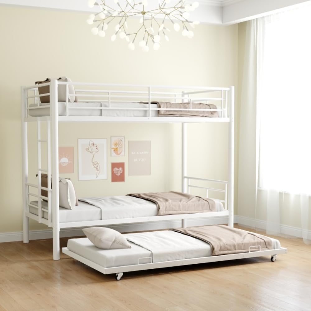 Beaunicorn Triple Bunk Bed, Heavy-Duty Metal 3 Bunk Bed Twin Over Twin for Kids Adults, 78.10" x 41.40" x 61.00" Noise Reduced, with Safety Guardrail, No Box Spring Needed (White) Beaunicorn