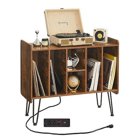 Leesingdo Large Record Player Stand with Vinyl Storage, Retro Brown Record Player Table with Power and USB Port, Holds Up to 200 Albums, Turntable Stand Vinyl Record Player Storage Cabinet Leesingdo