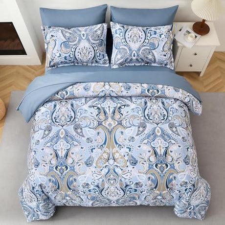 Drucon Blue Paisley Comforter Set Queen, 7 Pieces Bed in a Bag Boho Comforter Soft Microfiber Blue Paisley Bedding(1 Comforter, 1 Flat Sheet, 1 Fitted Sheet, 2 Pillow Shams, 2 Pillowcases) Drucon