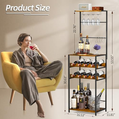 5-Tier Wine Rack Freestanding Floor, Liquor Bar Stand with Glasses Holder and 4 S Hooks, Corner Mini Bar Cabinet for Small Space, 8 Bottles Wine Bar Cabinet for Home, 11.81"D x 16.53"W x 53.55"H