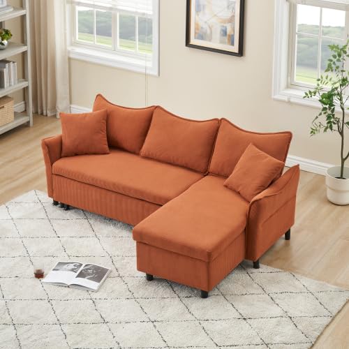 80'' Convertible Sectional Sofa Couch, 3 Seat L Shaped Sleeper Sofa Bed with Pillows and Storage Chaise, Pull Out Couch Bed Modern Corduroy Small Couches Futon for Living Room Apartment (Orange) anwickjeff
