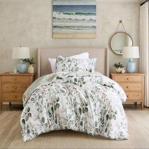 Regency Heights Lightweight Seersucker Botanical Comforter Set Twin Size, 2 Pieces Reversible Design with Striped Print, Premium Microfiber Bedding Set, Comforter and Sham Set, Green Regency Heights