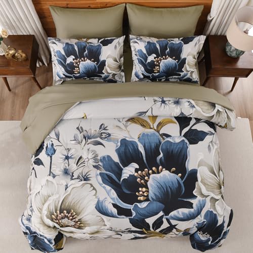 Dintszyayue Brown Comforter Set King Size, 7 Pieces Floral Bed in a Bag Set, Texture Blue Flower Bedding Sets, Soft Microfiber for All Season with Flat Sheet Fitted Sheets Pillowcases and Shams Dintszyayue