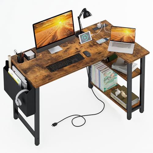 Lufeiya Small L Shaped Desk with Power Outlet Shelves, 40 Inch Corner Desk for Small Space Home Office, L-Shaped Computer Desk PC Desks with Charging Station, Rustic Brown - WoodArtSupply