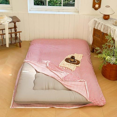 Red Gingham Japanese Floor Mattress Futon Cover Twin for 3-4" Thick Pad, Checked Plaid Japanese Tatami Mattress Cover,Grid Guest Sleeping Mat for Floor (Red Gingham, Twin) NSNLGSGC