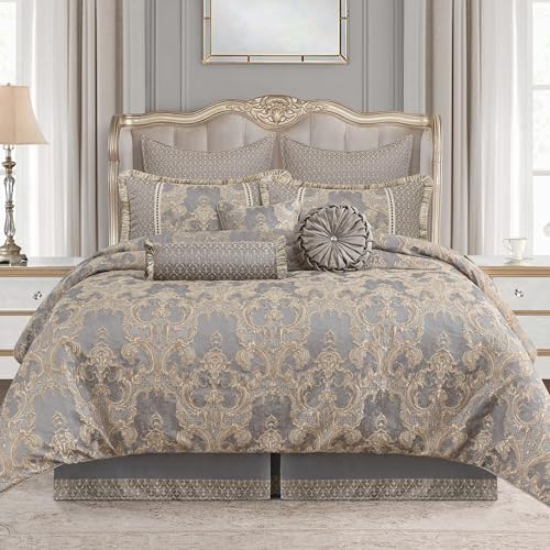 Loom and Mill 9-Piece Jacquard Comforter Set Queen, Royal Elegant Damask Design Comforter Sets, Luxury Bedding Set with Bed Skirt, Euro Shams, Decorative Pillows, All Season(Gray+Beige Brown, Queen) Loom and Mill