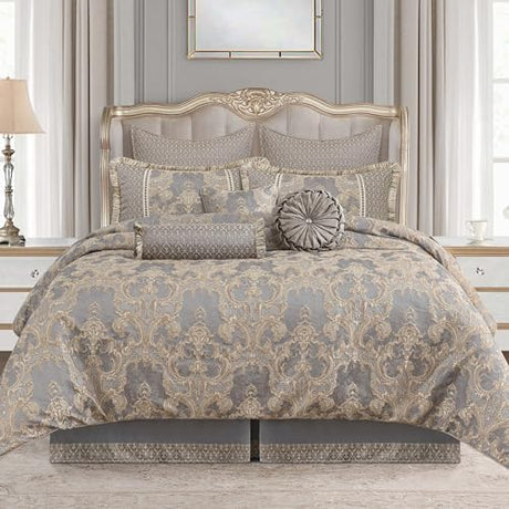 Loom and Mill 9-Piece Jacquard Comforter Set Queen, Royal Elegant Damask Design Comforter Sets, Luxury Bedding Set with Bed Skirt, Euro Shams, Decorative Pillows, All Season(Gray+Beige Brown, Queen) Loom and Mill