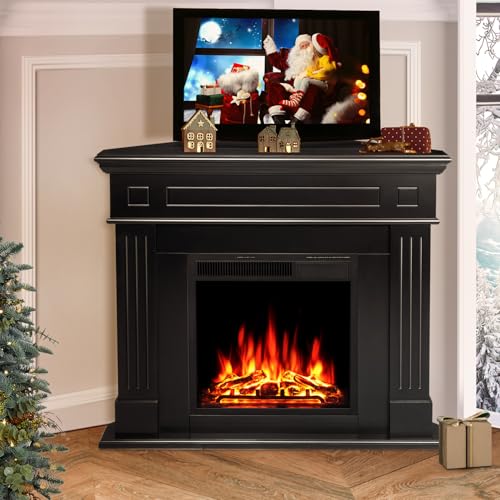 R.W.FLAME 43” Corner Electric Fireplace Mantel Wooden Surround Firebox, TV Stand with Freestanding Electric Fireplace, Remote Control, Adjustable Led Flame, 750W/1500W Black R.W.FLAME