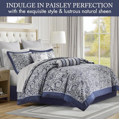 Madison Park Aubrey Cozy Comforter Set, Faux Silk Jacquard Paisley Design - All Season Down Alternative Bedding with Cotton Bed Sheets, Bed Skirt & Toss Pillows, King Navy 12 Piece Madison Park