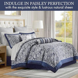 Madison Park Aubrey Cozy Comforter Set, Faux Silk Jacquard Paisley Design - All Season Down Alternative Bedding with Cotton Bed Sheets, Bed Skirt & Toss Pillows, King Navy 12 Piece Madison Park