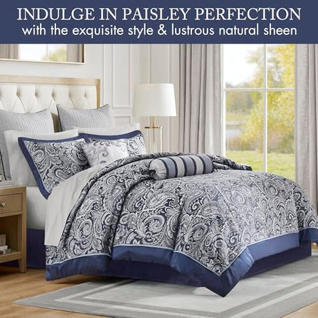 Madison Park Aubrey Cozy Comforter Set, Faux Silk Jacquard Paisley Design - All Season Down Alternative Bedding with Cotton Bed Sheets, Bed Skirt & Toss Pillows, King Navy 12 Piece Madison Park
