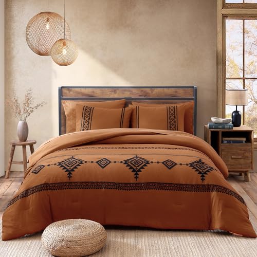 MaiRêve Embroidery Comforter Set, Boho Farmhouse Western Bedding Set, All Season Bed in A Bag Comforter Set with Sheets, Pillowcases & Shams, Burnt Orange Queen 7 Pieces MaiRêve