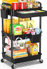 SUNALLY 3 Tier Rolling Cart with Drawer, Bathroom Storage Organizer with 2 Lockable Wheels, Multifunctional Rolling Storage Cart for Bathroom, Kitchen, Office, Craft, Makeup, Baby Essentials, Black