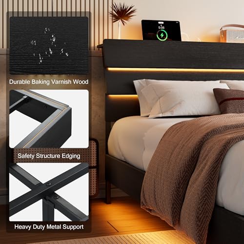 Einhomn Floating Bed Frame King with Led Lights & Charging Station, King Size Platform Bed Frame w/Storage Headboard, Heavy Slats Support, No Box Spring Needed, Easy Assembly, Black Einhomn