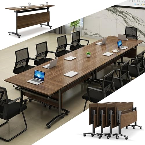 Folding Conference Room Table, Modern Conference Tables with Wheels, Large Rectangular Mobile Training Tables for Office Classroom, Foldable Modular Boardroom Seminar Table Walnut (4pack L63in) JNMDLAKO