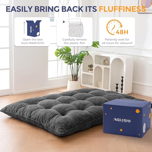 MAXYOYO Japanese Floor Mattress Full Size, 6" Foldable Futon Mattress Tufted Roll Up Floor Bed, Thick Polyester Tatami Mat Sleeping Pad for Camping Guest Room Dormitory Bedroom RV, Dark Grey MAXYOYO