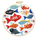Zhenqing Colorful Fish Embroidery Kit for Beginners - Complete Set with Pre-Printed 29x29cm Cotton Fabric, Hoop, Threads & Tools (C0059)