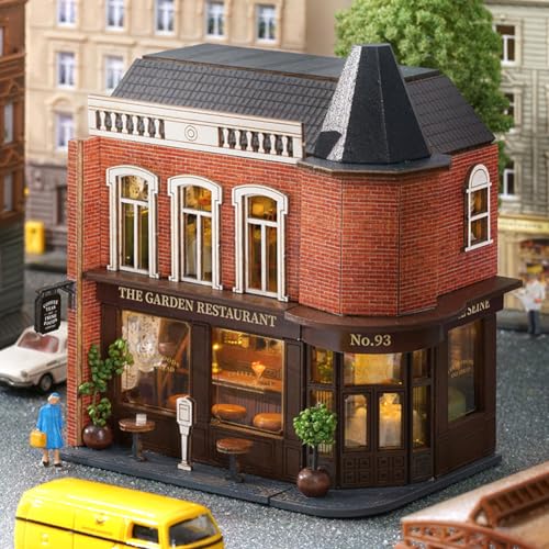 Miniature European-Style Chalet Cottage Dollhouse Kit Wooden Furniture, DIY Dollhouse Kit with LED Creative Room,Adult Teenager Children Gift (Garden Restaurant)