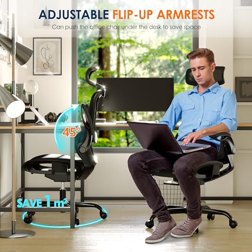 GABRYLLY Ergonomic Mesh Office Chair, Adjustable Home Desk Chair with Folding Armrest, 2D Headrest, Soft Seat and PU Wheel, Black Swivel Task Chair for Office, Business, Student (GY1108) GABRYLLY