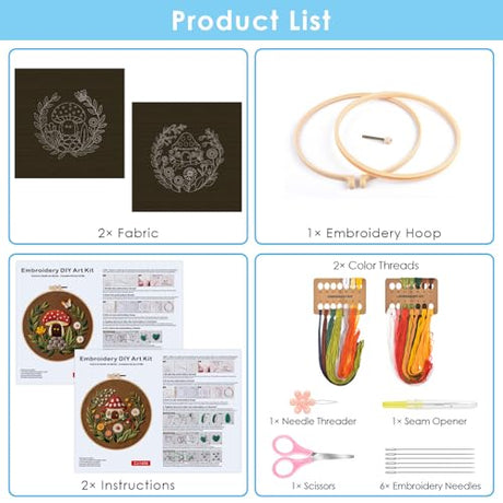 ERKOON Embroidery Kit for Beginners, 2 Set Flower Cross Stitch Set Include Embroidery Cloth Hoops Threads for Craft Lover Hand Stitch with Embroidery Skill Techniques (Mushroom) ERKOON
