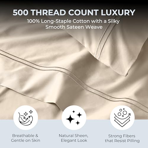 Mayil Manor 100% Natural Cotton Sheets Queen Size Bed Set | 500 TC Single-Ply Sateen Weave | Breathable & Hypoallergenic Solid 4-Piece Bedding with Deep Pocket Fitted, Flat, Pillowcase | Cream Beige Mayil Manor