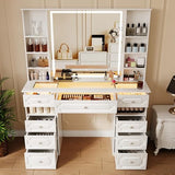 Wildhome Vanity with Mirror and Light, Vanity with Glass Top and 9 Drawers, Dresser Set with Storage Bench, Adjustable Brightness Dresser (White, Glass Table-B) Wildhome