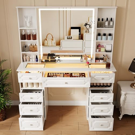 Wildhome Vanity with Mirror and Light, Vanity with Glass Top and 9 Drawers, Dresser Set with Storage Bench, Adjustable Brightness Dresser (White, Glass Table-B) Wildhome