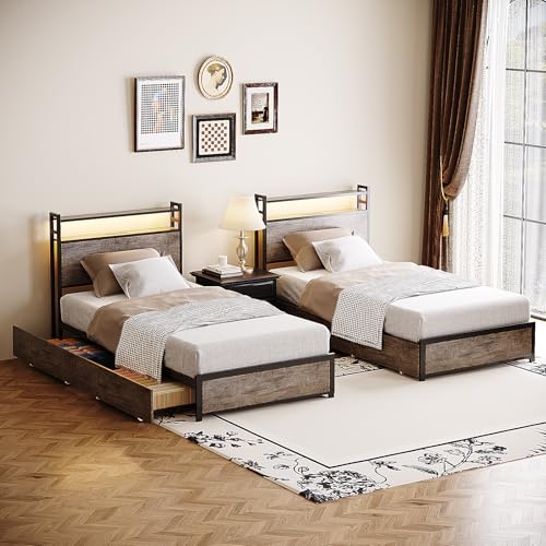VINGLI Twin Platform Set of 2 with 4 Storage Drawers and Headboard Shelf, Metal Single Bed Frame with LED Lights and Charging Station, No Box Spring Needed, Easy Assembly, Wash Grey VINGLI