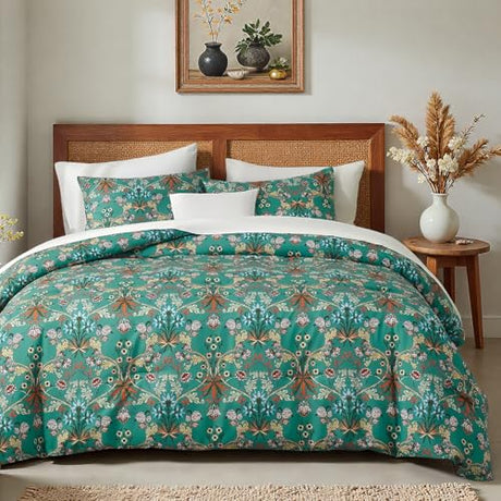 mixinni Farmhouse Boho Comforter Set Queen Size - 3 Piece Lightweight All Season Bedding Set with Fluffy Comforter & 2 Pillow Shams, Floral Botanical Design, Soft Breathable Microfiber mixinni