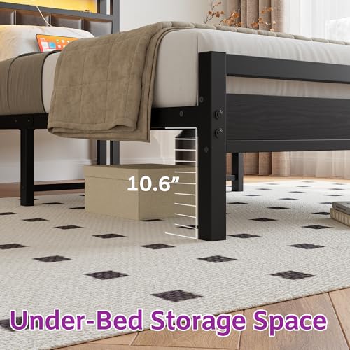 HOJINLINERO Twin Bed Frame with Charging Station & LED Lights,Storage Upholstered Headboard,Metal Bed Frame Twin Size Bed Frames No Box Spring Needed,Mattress Beds Base,Heavy Duty Steel Slats,Black HOJINLINERO