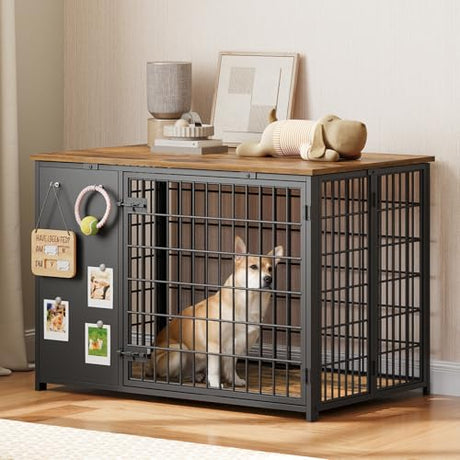 YATINEY Foldable Dog Crate Furniture, Dog Crate with DIY Frame, Heavy Duty Dog Kennel Indoor with Hooks, Wooden Dog Cage End Table, for Small/Medium Dogs, Rustic Brown and Black DC95BR YATINEY