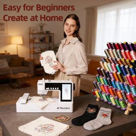 FLEURDENZ D492 Embroidery Machine with 4.5" x 7" Area for Beginners, Home DIY, Sewing & Embroidery Machine with Hoops, 180 Built-in Designs with USB Import, 7-Inch Touchscreen, Auto Threader & Cutter FLEURDENZ