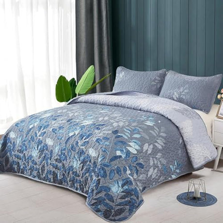 WONGS BEDDING Blue Quilt Set King Size,3 Pieces Navy Blue Floral Bedspread Coverlet Set with 2 Pillowcases,Soft Microfiber Lightweight Grayish Blue Gradient Floral Bedding Set 104"×90" WONGS BEDDING