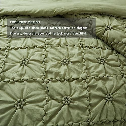 BEDAZZLED Queen Size Comforter Sets, Green Bedding Comforter Set, 3 Pieces Pinch Pleat Bedding Sets with Comforter and Pillowcases Soft Farmhouse Shabby Chic Comforter for All Season BEDAZZLED