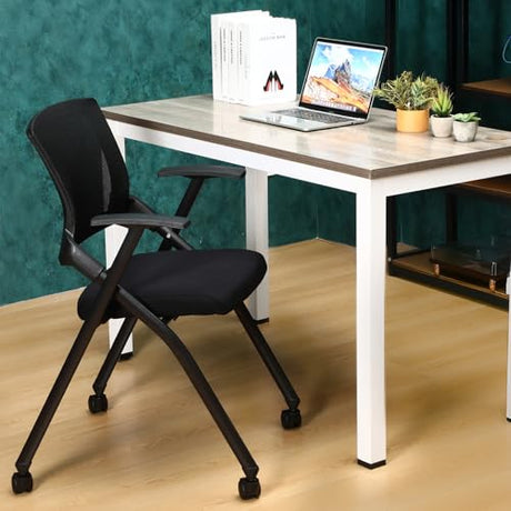 AceOrbit 4 Pcs Foldable Office Chair with PU Wheels Lumbar Support, Armrest, Thick Breathable Mesh Seat Stackable Chair for Office Meeting, Conference, Training Room, Black AceOrbit