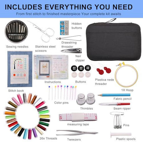 100 PCS Complete Embroidery Stitch Book Kit with Includes Step-by-Step Instructions, Hoops, Threads, Needles & Fabric, All-in-One Portable Starter Set for Adult Beginners & DIY Craft Enthusiasts Losaria