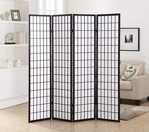 Roundhill Furniture Oriental Shoji 4 Panel Screen Room Divider, Black Roundhill Furniture