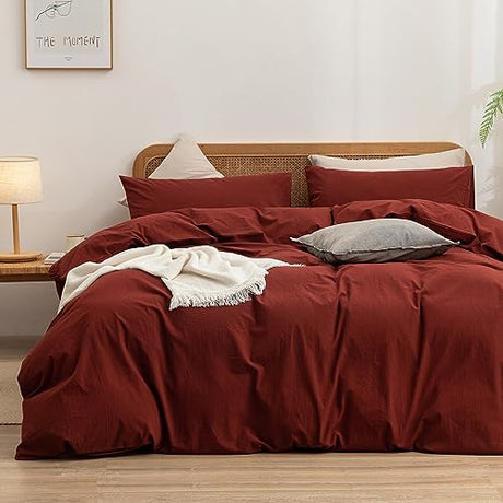 BESTOUCH Duvet Cover Set 100% Washed Cotton Linen Feel Super Soft Comfortable Chic Lightweight 3 PCs Home Bedding Set Solid Fired Brick Red Full/Double BESTOUCH