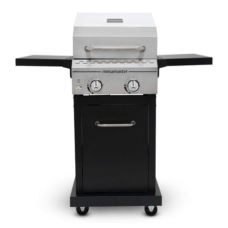 Megamaster 2-Burner Propane Barbecue Gas Grill with Foldable Side Tables, Perfect for Camping, Outdoor Cooking, Patio, Garden Barbecue Grill, 28000 BTUs, Silver and Black, 720-0864MA Megamaster