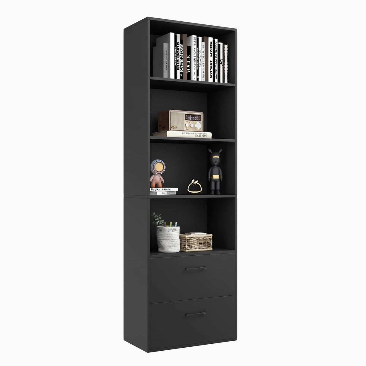 Tangkula 4 Shelf Bookcase with 2 Drawers, 74 Inch 4 Tiers Tall Open Bookshelf with 2 Slide-Out Drawers, Anti-toppling Device, Freestanding Wood Storage Shelf for Home Office (Black, 74" H) Tangkula