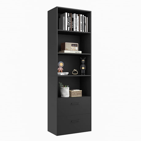 Tangkula 4 Shelf Bookcase with 2 Drawers, 74 Inch 4 Tiers Tall Open Bookshelf with 2 Slide-Out Drawers, Anti-toppling Device, Freestanding Wood Storage Shelf for Home Office (Black, 74" H) Tangkula