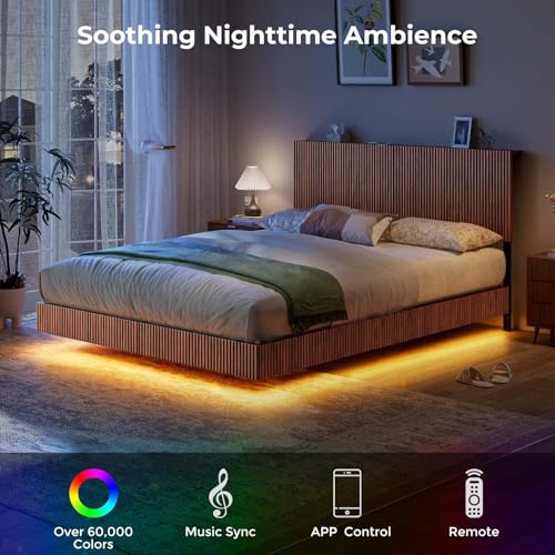 Evermagin Walnut Queen Floating Bed Frame with Headboard, Mid Century Modern Fluted Platform Bed with LED Lights, Heavy Duty Floating Bedframe with Charging Station, No Box Spring Needed Evermagin