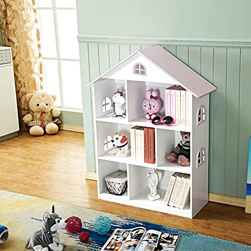 WODENY Pink Wooden Dollhouse Bookcase - 3-Tier Storage Organizer for Kids' Toys and Books WODENY
