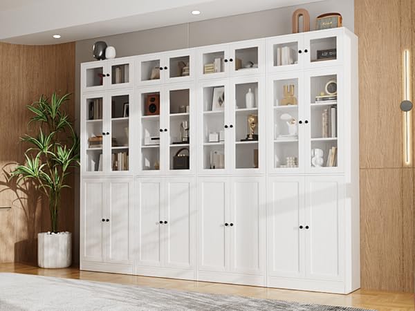 VOWNER 85.5" Tall Bookshelf Single Pack - Half Glass Door Design, White 7 Tier Book Shelf, Curio Cabinets with Storage, DIY Large Bookcase for Living Room, Office VOWNER